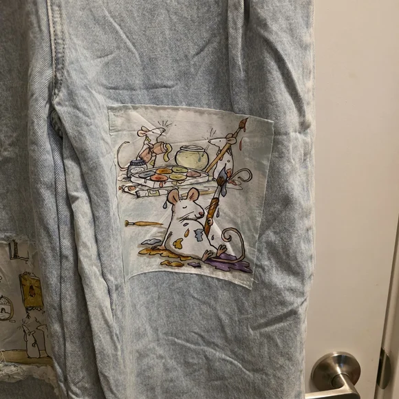 Light Wash Denim Overalls with Whimsical Patch Art - Picture 5 of 8